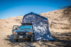 Our campsite with the roof top tent, annex and rear awning set u